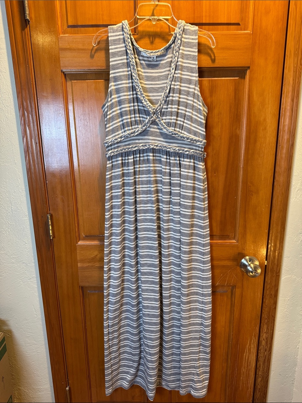 Max Studio Gray & White Striped Sleeveless Maxi Dress Braided Details Size M